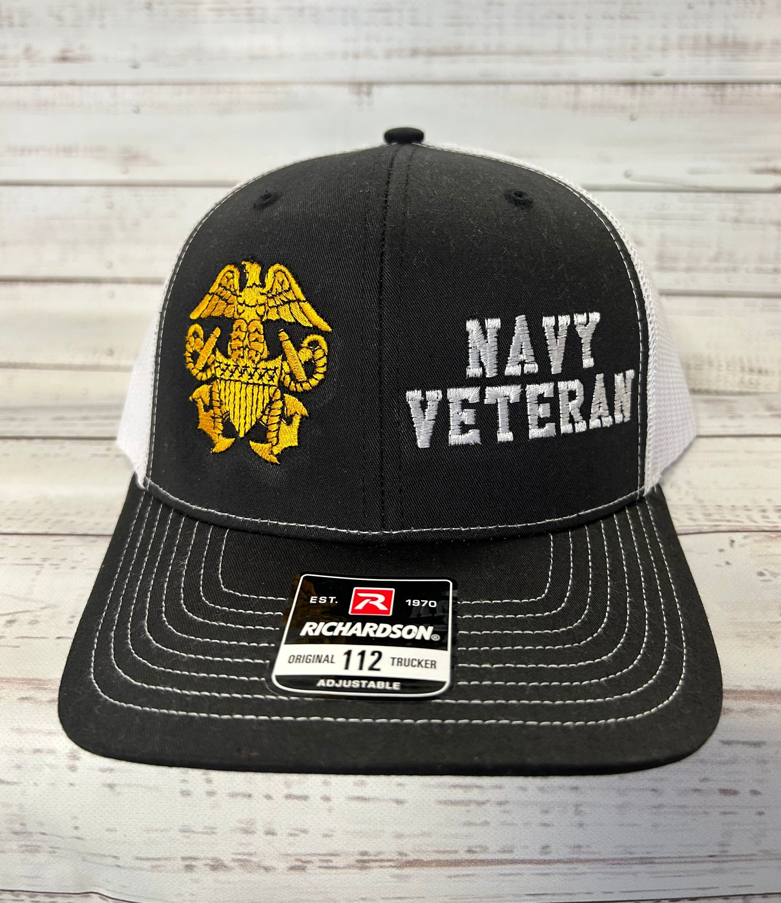US Navy Veteran Patch Adjustable Baseball Cap - Black, 65% Polyester/35% Cotton, OSFM Snapback