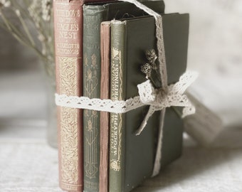 A pretty set of four Antique books in greens and pinks