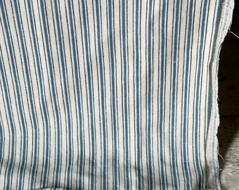 Vintage French light cotton fabric with blue ticking stripe on white