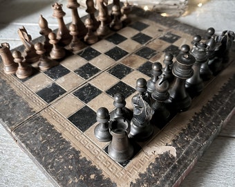Amazing antique faux English Games book with hidden leather bound backgammon and chess board