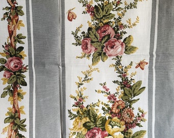 Vintage French medium weight cotton fabric with grey ticking stripe and flowers