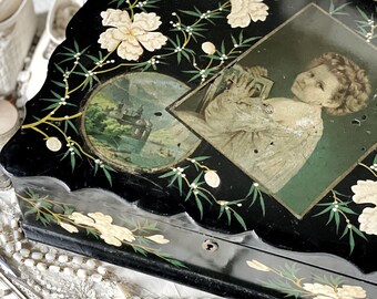 A beautiful large Victorian lacquered papier mache box, antique box, correspondence box, sewing box, jewellery box