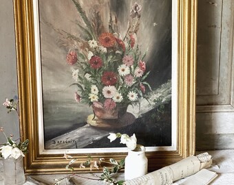 A beautiful original vintage French painting on board in an original gilded frame