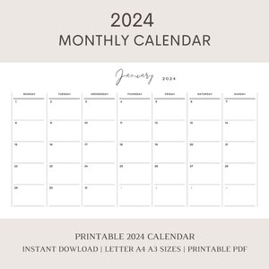 Printable Calendar 2024 | Monthly Planner 2024 | Sunday & Monday Start | A4 A3 Letter Size | Wall Calendar | Download | PRINTABLE PDF