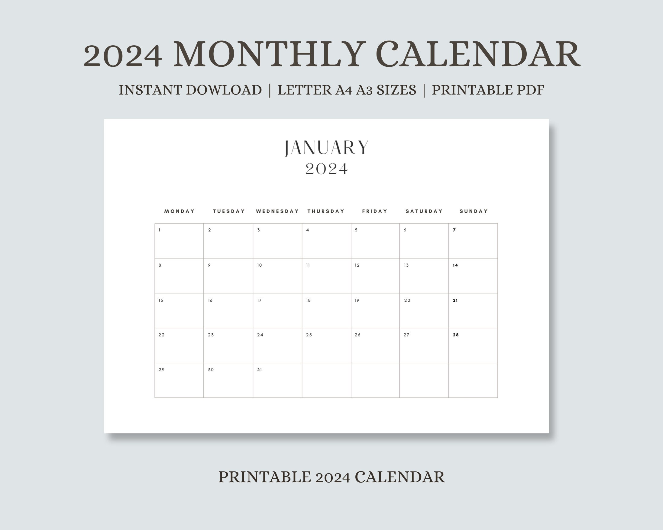 2024 Calendar | 2024 Monthly Planner | Printable PDF | Sunday & Monday