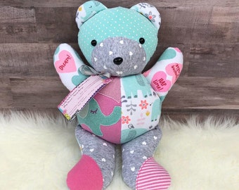 Baby Memory Bear 13" Keepsake Bear Embroidered - Baby Bear Newborn Gift - Made from Baby Clothes