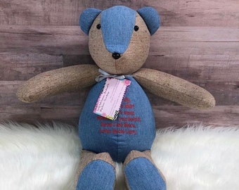 Memory Bear 20" Keepsake Embroidered, Keepsake Bear, Memorial Bear Made from loved ones clothes