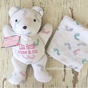 Baby Memory Bear 13 Keepsake Bear Embroidered Baby Bear Newborn Gift Made from Baby Clothes Receiving Blanket