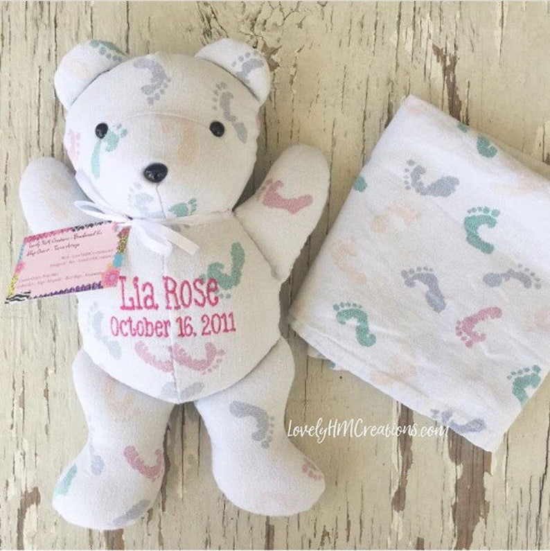 Baby Memory Bear 13 Keepsake Bear Embroidered Baby Bear Newborn Gift Made from Baby Clothes Receiving Blanket