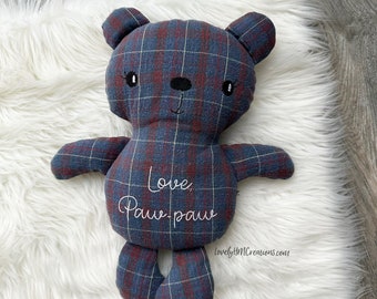 Memory Bear, 10" Embroidered Bear, Keepsake Bear, Personalized Bear, Memorial Bear, Thoughtful Gift, Made from loved ones clothes