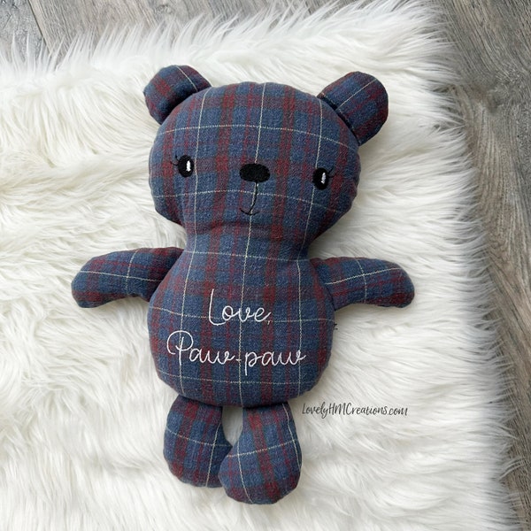 Memory Bear, 10" Embroidered Bear, Keepsake Bear, Personalized Bear, Memorial Bear, Thoughtful Gift, Made from loved ones clothes