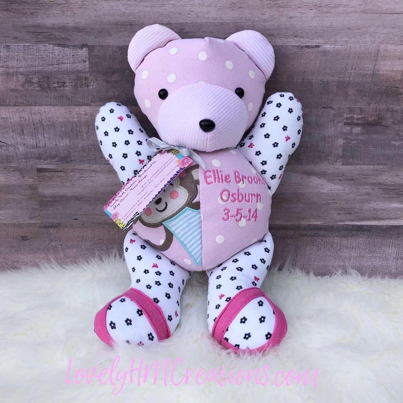 Baby Memory Bear 13 Keepsake Bear Embroidered Baby Bear Newborn Gift Made from Baby Clothes image 5