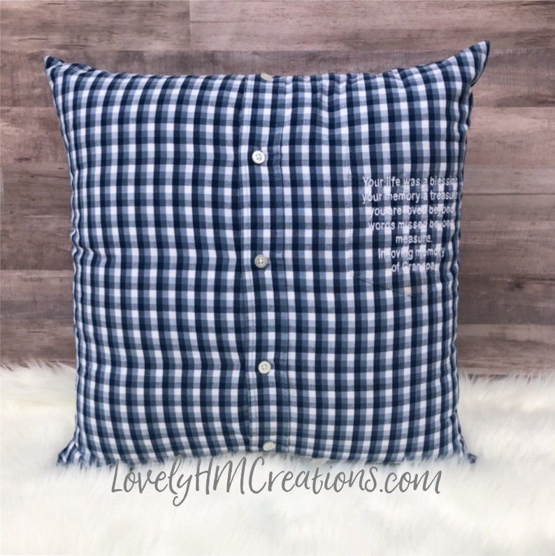Memory Pillow, Insert and Embroidery Message, Keepsake Pillow Made out of Loved Ones Clothes, Memorial Pillow, Shirt Pillow, Memorial Gift afbeelding 5