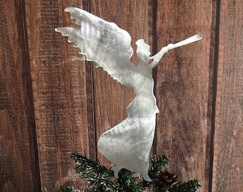 Angel Handcrafted Metal Christmas Tree Topper, Holiday Decoration, Wreath Decor, Aluminum, Metal, Rustic, Silver, Hark the Herald Angels