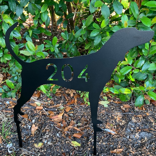 Metal Plott Hound Dog Sign, Personalizable House Number or any Text, 17 inch, yard stake or wall hanging, add a pet name for a memorial