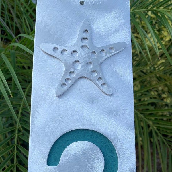 Contemporary Coastal Living Metal Address Sign | Starfish emblem | Silver with Patina Copper Powder Coat | Modern Beach | House Number