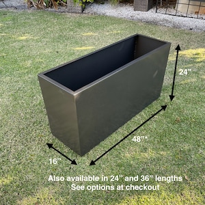 May include: A rectangular black metal planter with dimensions of 48 inches long, 24 inches high, and 16 inches wide. The planter is available in 24 inch and 36 inch lengths. See options at checkout.