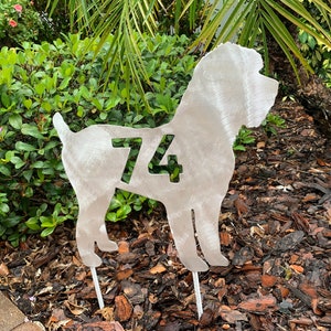 Metal Schnoodle, House Number Sign or Name Sign, Personalizable, Dog Silhouette, 15 inch wide, stakes or wall hanger, address sign, Memorial