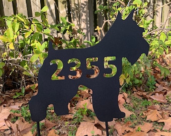 Unique and Beautiful House Number Sign Miniature Schnauzer Dog Silhouette,  17 inch wide, stakes or wall hangers, won't rust, customizable
