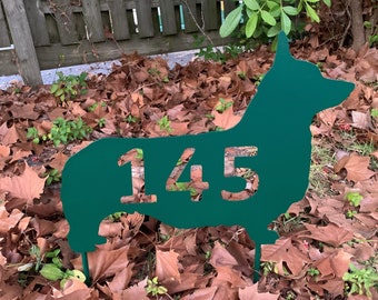 Metal Pembroke Welsh Corgi Dog Silhouette,  Personalizable House Number or any Text, 18 inch wide, yard stake or wall hanging, won't rust