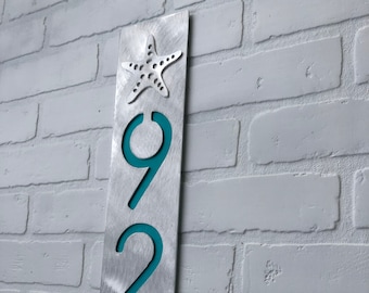 Contemporary Coastal Living Metal Address Sign | Starfish emblem | Silver with Transparent Teal Powder Coat | Modern Beach | House Number