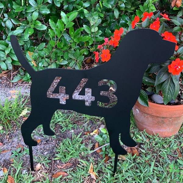 Labrador Retriever, Personalized House Number Sign, Dog Silhouette, Lab, 17.25 inch wide, stakes or wall hanger, add any text, many colors