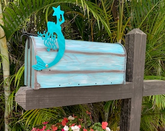 Mermaid Mailbox Flag, Metal Mermaid with Starfish, Listing is the mailbox flag only, aluminum, rust free, teal or silver finish, handmade