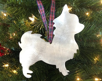Long Hair Chihuahua Dog, Christmas Ornament, Long Coat, Dog, Holiday, Handcrafted, great dog lover gift, metal, adorable gift under 25