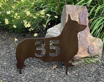 Metal Pembroke Welsh Corgi Dog Silhouette,  Personalizable House Number or any Text, 18 inch wide, yard stake or wall hanging, won't rust