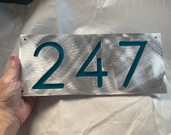 Contemporary Coastal Living Metal Address Sign | Silver with Transparent Teal Powder Coat | Modern Beach | House Number