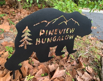 Large Metal Bear, Tree, Mountain Silhouette, Personalized House Number or any Text, yard stake or wall hanging, multiple sizes and colors