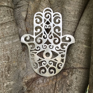 Hamsa Hand, Wall Hanging or Yard Stake, Handcrafted, metal, Indoor or Outdoor, rust free, silver, hand burnished, intricate detail image 10