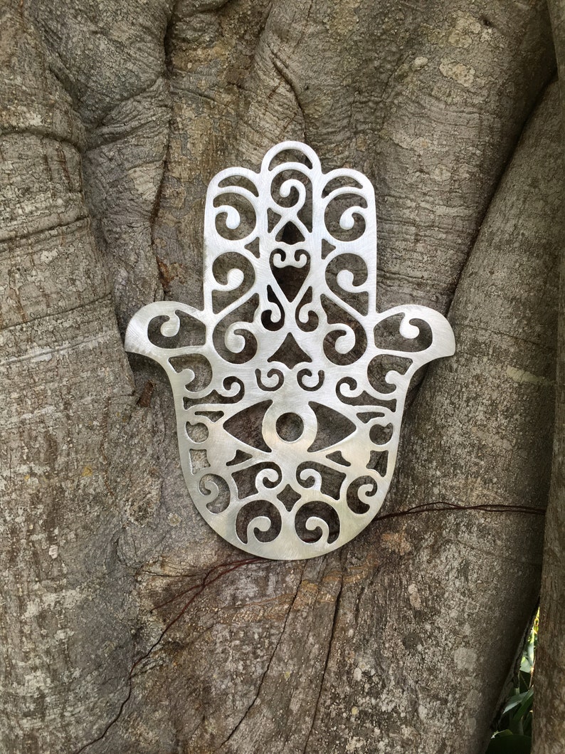 Hamsa Hand, Wall Hanging or Yard Stake, Handcrafted, metal, Indoor or Outdoor, rust free, silver, hand burnished, intricate detail image 10