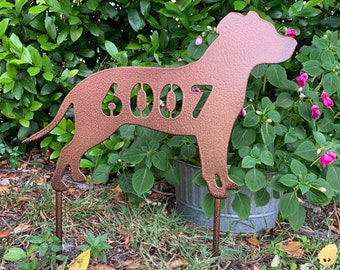 Metal Pit Bull, American Staffordshire Terrier, House Number Sign or Name Sign, Personalized, Dog Silhouette, 15 inch, stakes or wall hanger