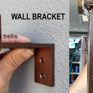 May include: A close-up of a brown metal wall bracket with two holes. The bracket is attached to a wall and has a screw going into the trellis. The text "WALL BRACKET" is visible above the bracket.