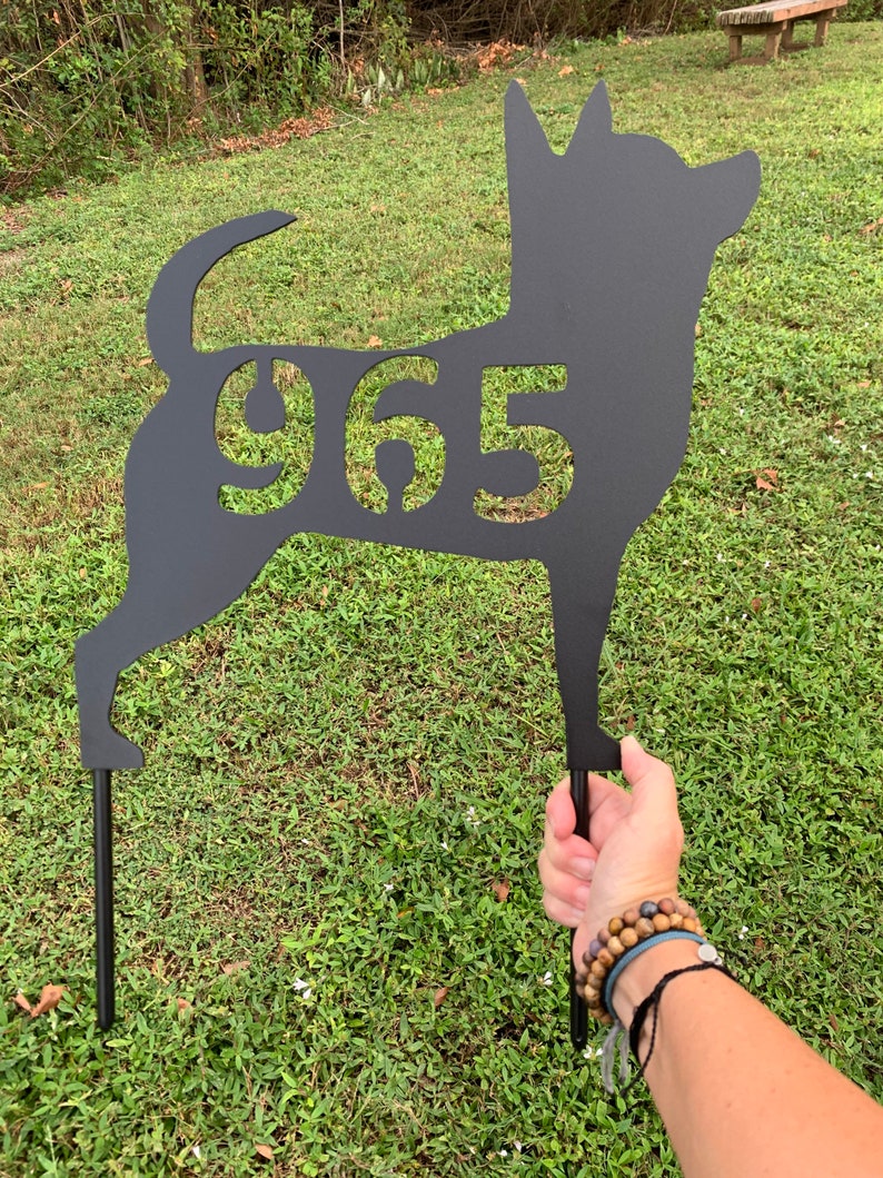 Metal Sign Chihuahua, Dog Silhouette, Personalized House Number, Welcome, or any text, 14.5-inch, yard stake or wall hanging, address sign image 3