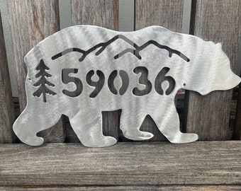 Mountain Bear with Tree, House Number Sign, Personalize it, House Number or any Text, yard stake or wall hanging, multiple sizes and colors