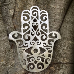 Hamsa Hand, Wall Hanging or Yard Stake, Handcrafted, metal, Indoor or Outdoor, rust free, silver, hand burnished, intricate detail image 1