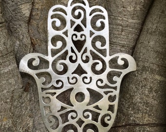 Hamsa Hand, Wall Hanging or Yard Stake, Handcrafted, metal, Indoor or Outdoor, rust free, silver, hand burnished, intricate detail