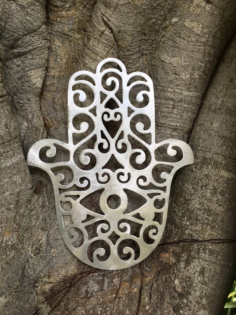 Hamsa Hand, Wall Hanging or Yard Stake, Handcrafted, metal, Indoor or Outdoor, rust free, silver, hand burnished, intricate detail image 1