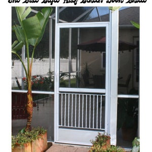 May include: White half screen door with a gate style grille. The door is open and the screen is visible. The door is in a screened-in porch with plants and furniture visible through the screen.