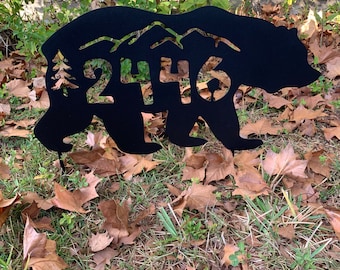 Large Metal Bear, Tree, Mountain Silhouette, Personalized House Number or any Text, yard stake or wall hanging, multiple sizes and colors