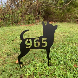 Metal Sign Chihuahua, Dog Silhouette, Personalized House Number, Welcome, or any text, 14.5-inch, yard stake or wall hanging, address sign image 1