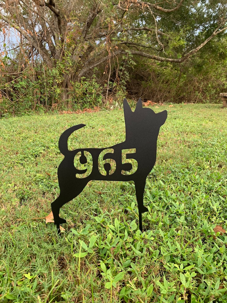 Metal Sign Chihuahua, Dog Silhouette, Personalized House Number, Welcome, or any text, 14.5-inch, yard stake or wall hanging, address sign image 1