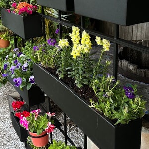 May include: A black metal wall planter with multiple shelves, each holding a different type of plant. The top shelf has a small pot with red and orange flowers. The second shelf has a long planter with yellow flowers and green leaves. The third shelf has a long planter with purple and white flowers and green leaves. The bottom shelf has a small pot with pink and white flowers and green leaves.