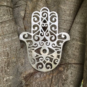 Hamsa Hand, Wall Hanging or Yard Stake, Handcrafted, metal, Indoor or Outdoor, rust free, silver, hand burnished, intricate detail image 8