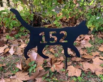 Metal Kitty Cat, Silhouette,  Personalizable House Number Sign, 19 inch, yard stake or wall hanging, multiple colors, get any text