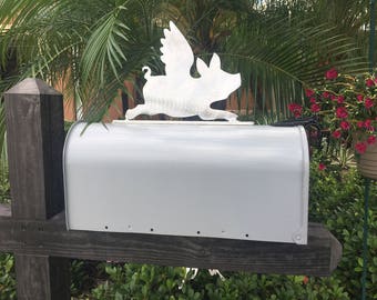 The Flying Pig, Metal Mailbox Topper, OR Wall Art, Yard Stake, Shelf Art, Wall Hanging, or Tree Topper, Aluminum, FUN Whimsical, Silver