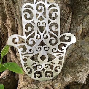 Hamsa Hand, Wall Hanging or Yard Stake, Handcrafted, metal, Indoor or Outdoor, rust free, silver, hand burnished, intricate detail image 7