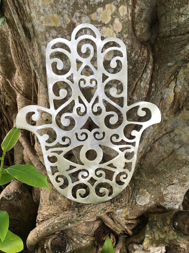 Hamsa Hand, Wall Hanging or Yard Stake, Handcrafted, metal, Indoor or Outdoor, rust free, silver, hand burnished, intricate detail image 7